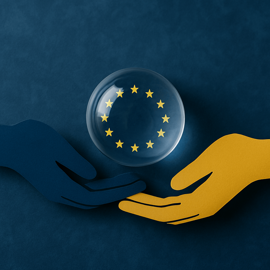 Two hands holding a sphere with the European stars